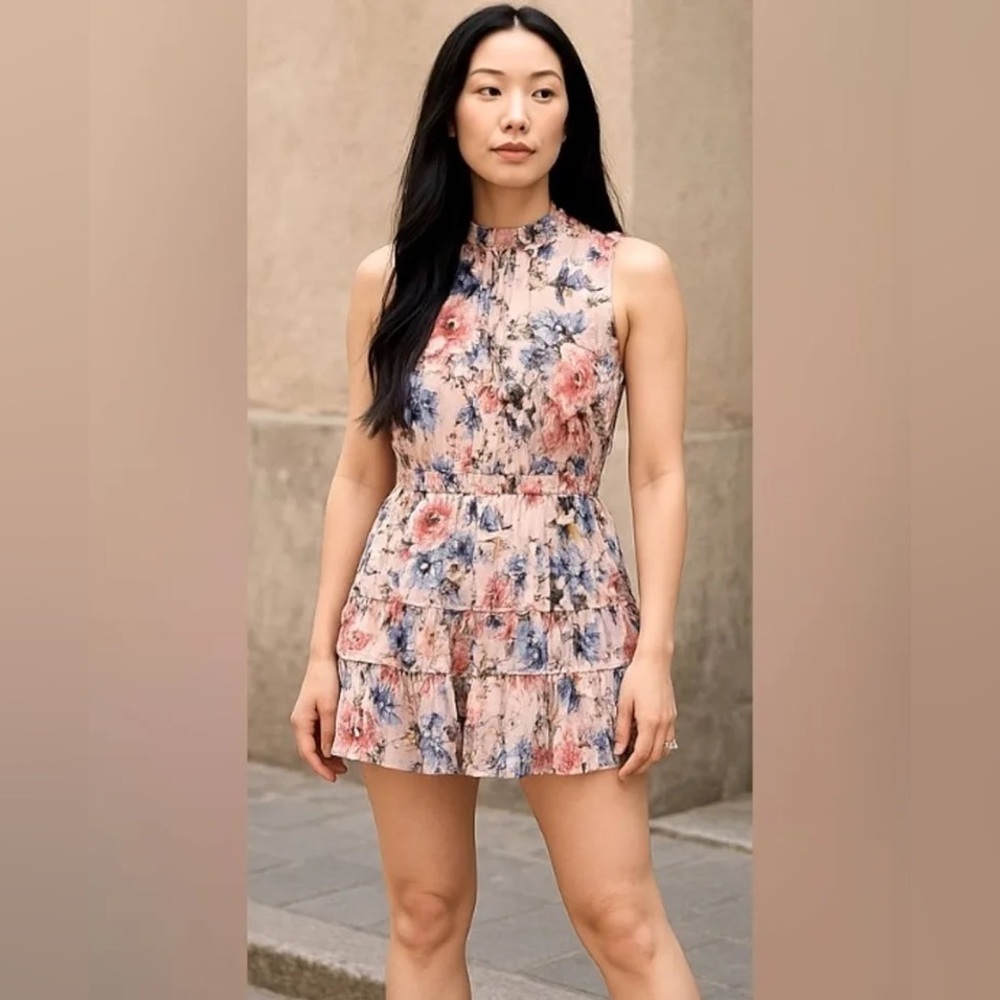 Everlily Sleeveless Floral Tiered Mini Dress - Pink/Blue
